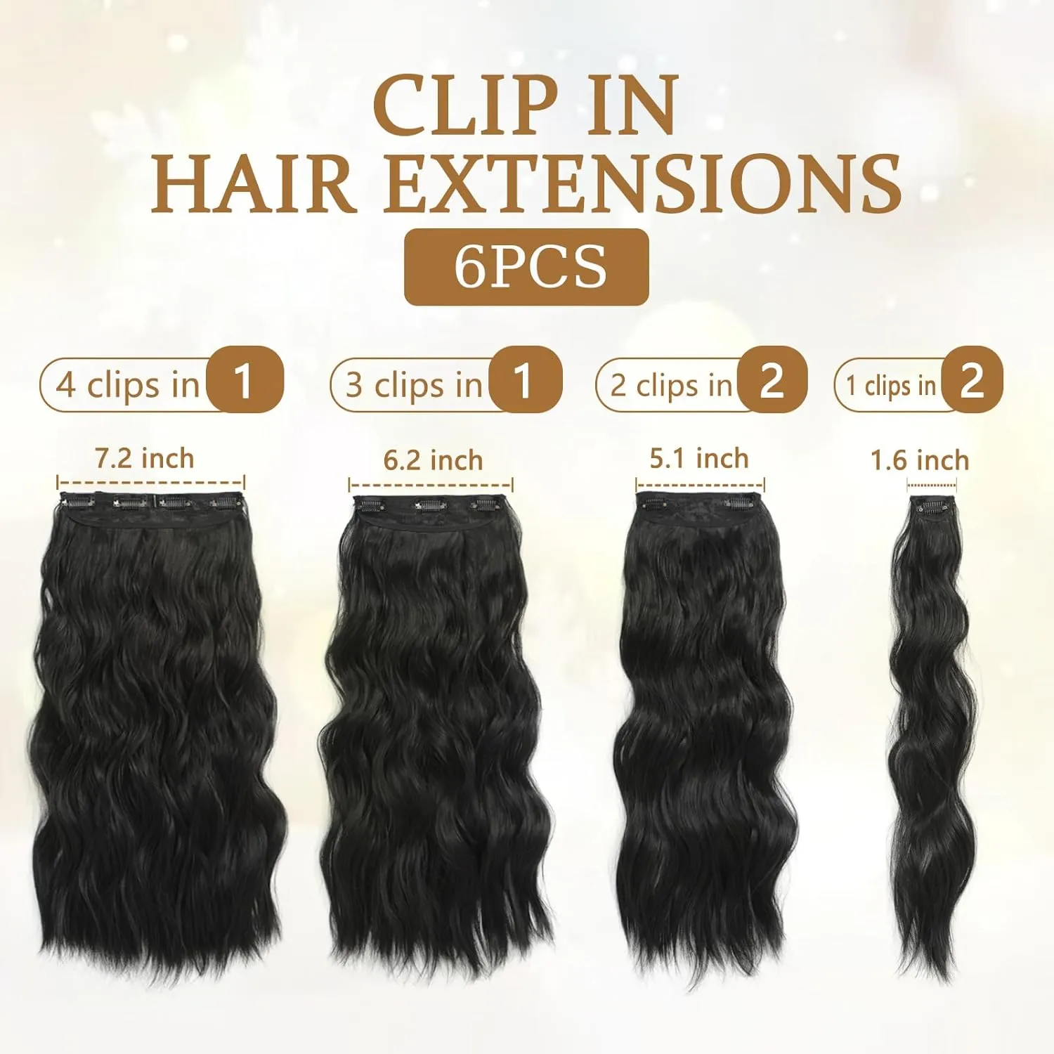 Clip in Hair Extensions for Women, 6PCS Long Wavy Curly Clip on Hair Extensions 16 Inch Natural Black Synthetic Hairpieces