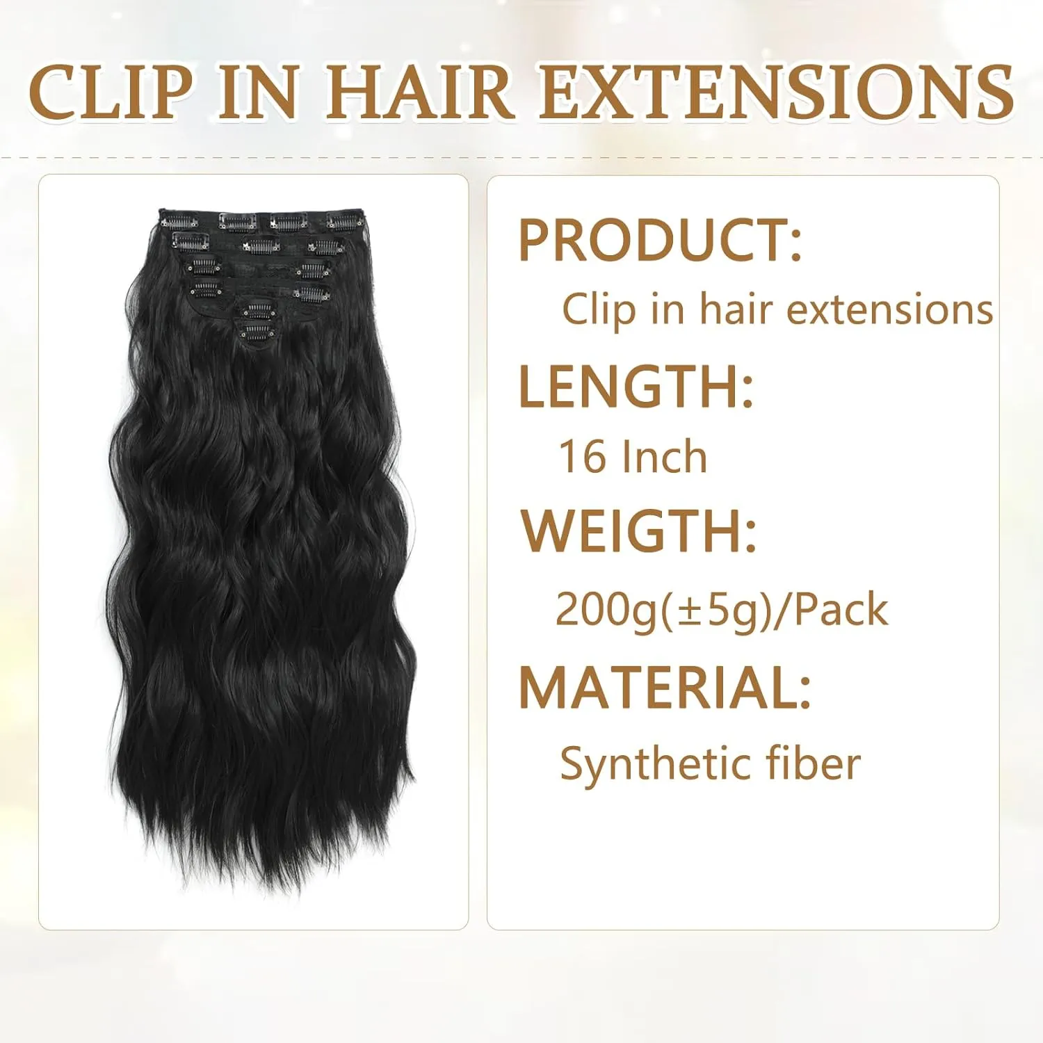 Clip in Hair Extensions for Women, 6PCS Long Wavy Curly Clip on Hair Extensions 16 Inch Natural Black Synthetic Hairpieces