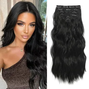 Clip in Hair Extensions for Women, 6PCS Long Wavy Curly Clip on Hair Extensions 16 Inch Natural Black Synthetic Hairpieces