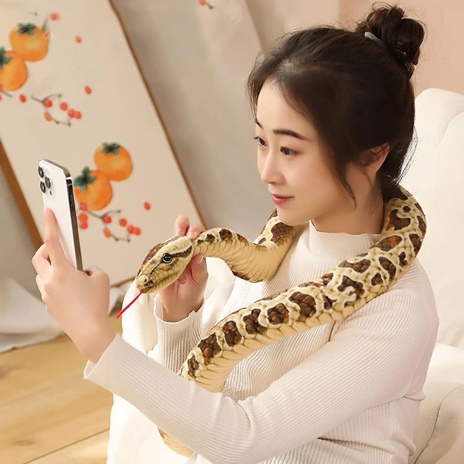 Clobeau 78 Inch Brown Speckled Snake Plush Toy - Lifelike Snake Stuffed Animal, Soft Plush Stuffed Snakes for Kids, Cuddly Reptile Stuff Toy for Children (Brown)