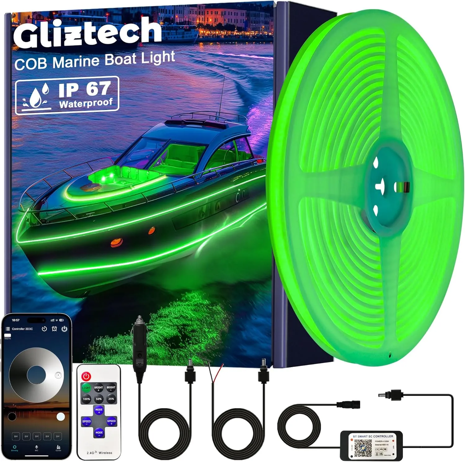 COB Boat Lights LED Waterproof, Marine LED Light Strip for Pontoon Boat with Remote and App, Exterior and Interior Boat Lighting for Jon Boat, Bass Boat, Cabin, Deck, RV (Green, 20ft)