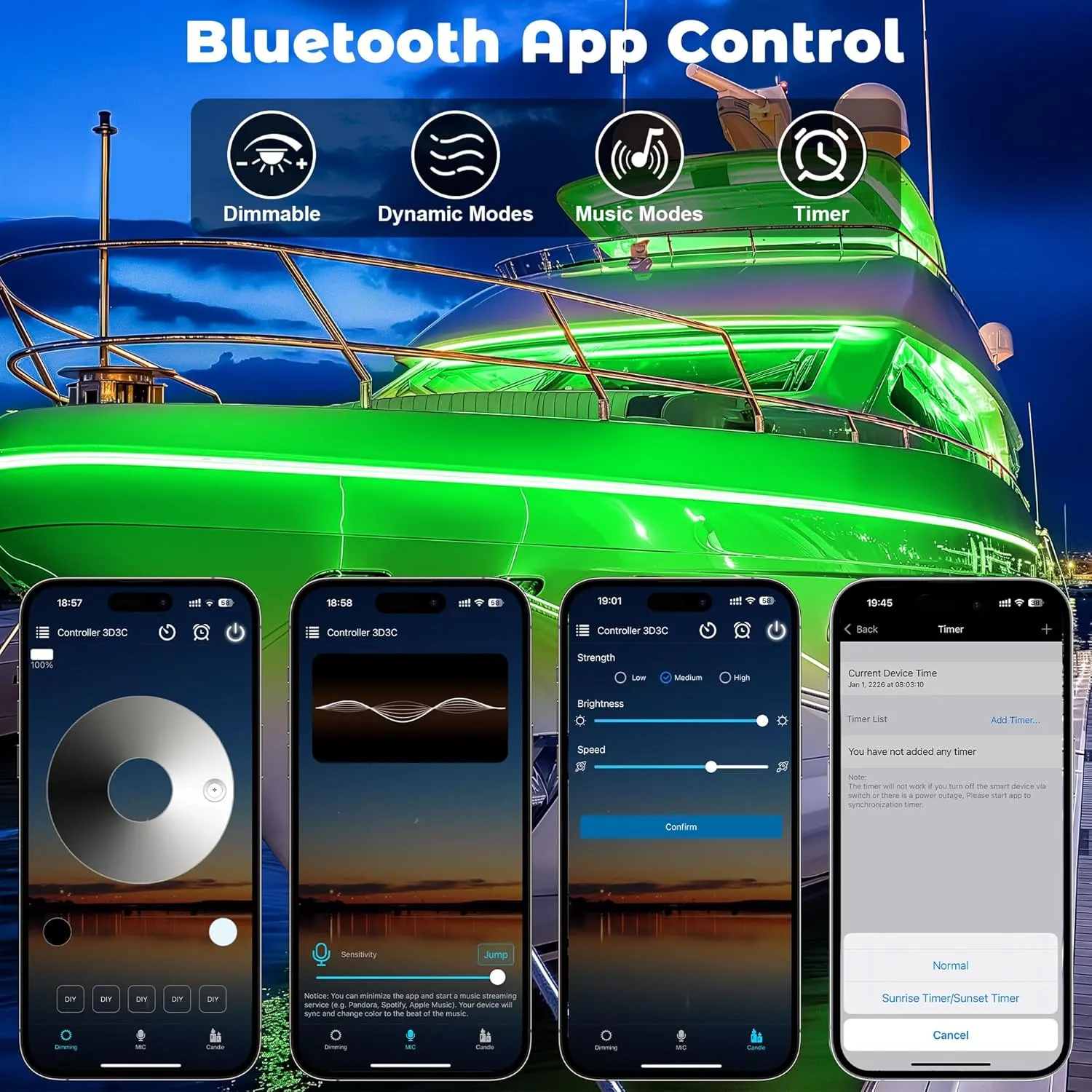 COB Boat Lights LED Waterproof, Marine LED Light Strip for Pontoon Boat with Remote and App, Exterior and Interior Boat Lighting for Jon Boat, Bass Boat, Cabin, Deck, RV (Green, 20ft)