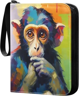 Colorful Cute Monkey Card Binder with 50 Removable Page Sleeves PU Leather Collectible Trading Card Albums Book with Zipper for Games Card,Baseball Cards