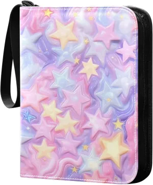 Colorful Cute Stars Card Binder with 50 Removable Page Sleeves PU Leather Collectible Trading Card Albums Book with Zipper for Games Card,Baseball Cards