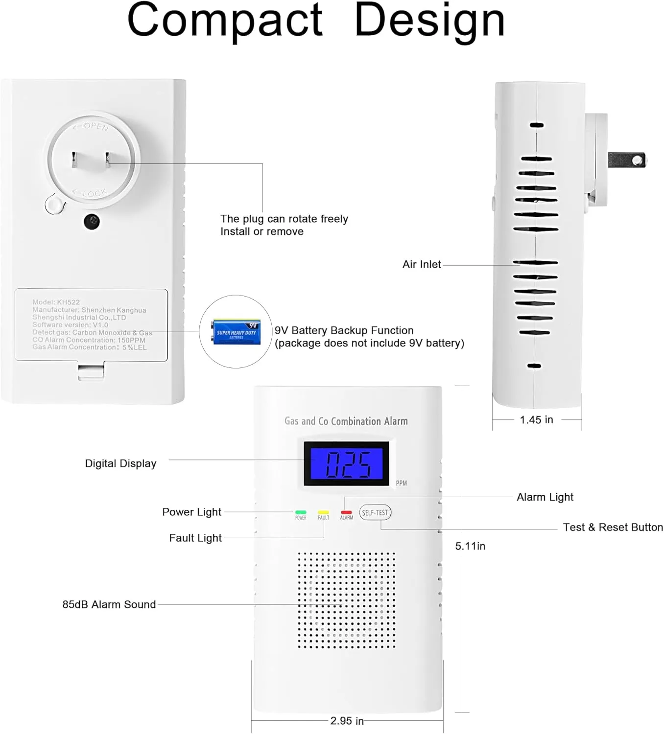 Combination Natural Gas Detector & Carbon Monoxide Detector, Plug in Carbon Monoxide Alarm & Propane Detector,Methane,with Backup 9V Battery Feature, Digital Display for Home, Apartment, RV
