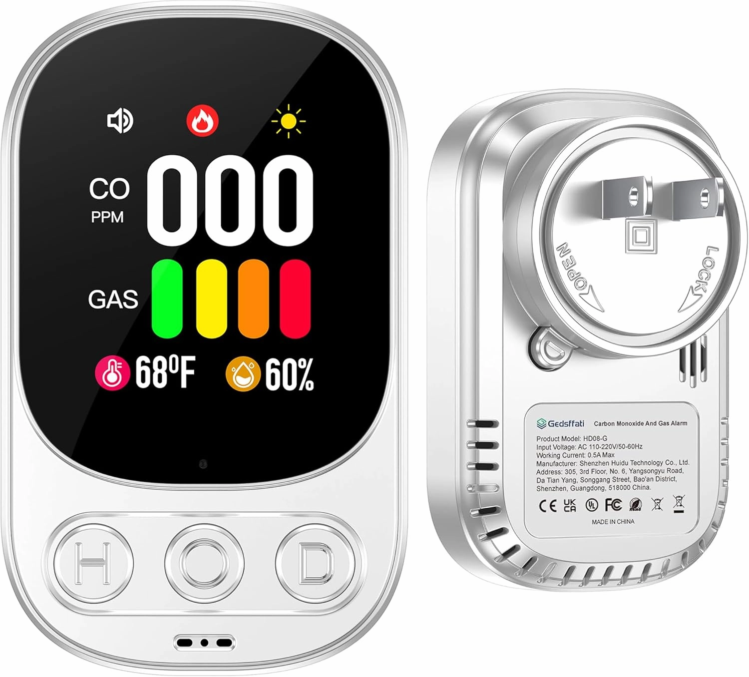 Combination Gas & Carbon Monoxide Detector Plug in 4in1 Natural CO Gas Temp Humidity Detectors with 2.1'' HD Screen & Indicator, Propane, Methane Combustible Gas Alarm,White