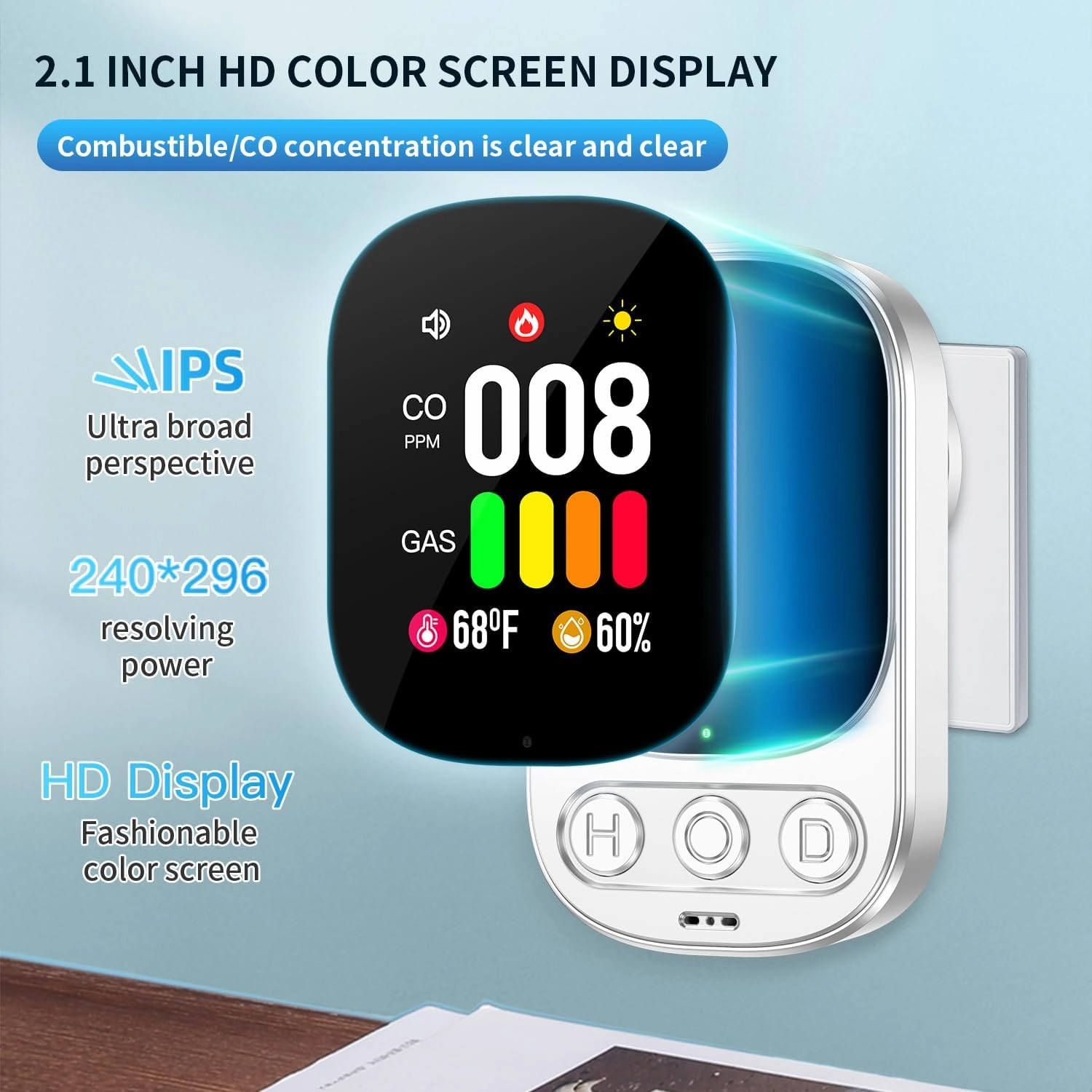 Combination Gas & Carbon Monoxide Detector Plug in 4in1 Natural CO Gas Temp Humidity Detectors with 2.1'' HD Screen & Indicator, Propane, Methane Combustible Gas Alarm,White