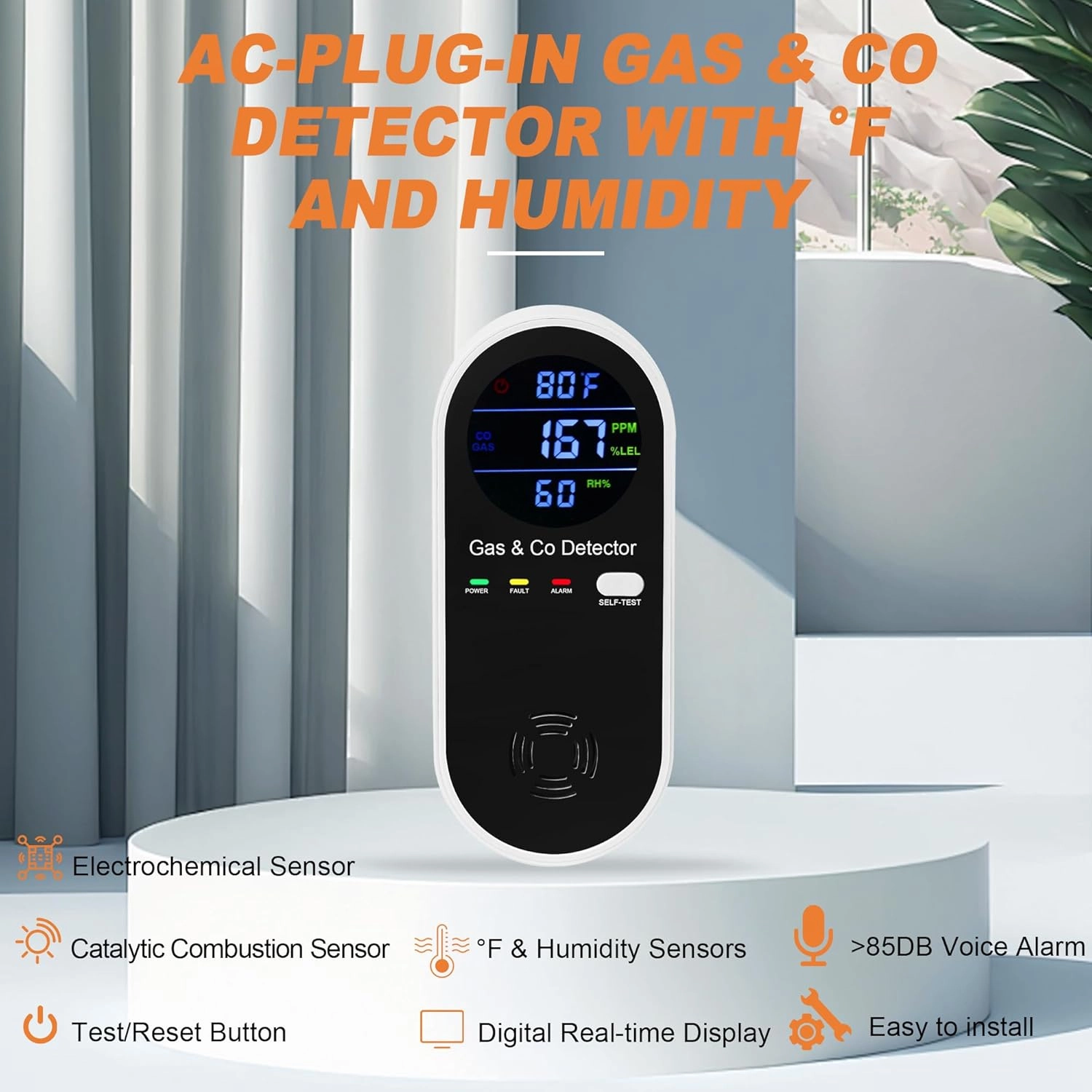 Combination Natural Gas Detector & Carbon Monoxide Detector, 4-in-1 Carbon Monoxide Alarm,Fahrenheit(°F) & Humidity,Propane,Methane,Gas Detector Alarm & CO Detector for Home,RV,Apartment