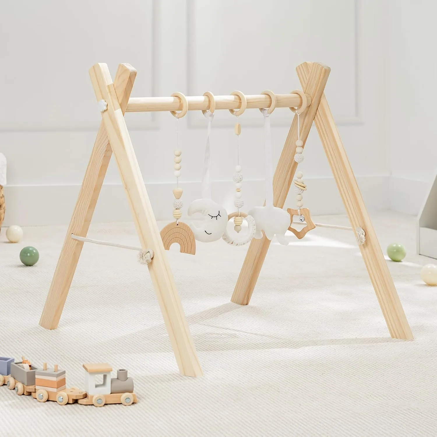 Comfy Cubs Wooden Baby Play Gym - Natural Finish Pinewood Baby Activity Gym with 5 Sensory Hanging Toys - Easy No-Tool Assembly, Safe and Durable for Infant Motor and Visual Development - Natural Wood