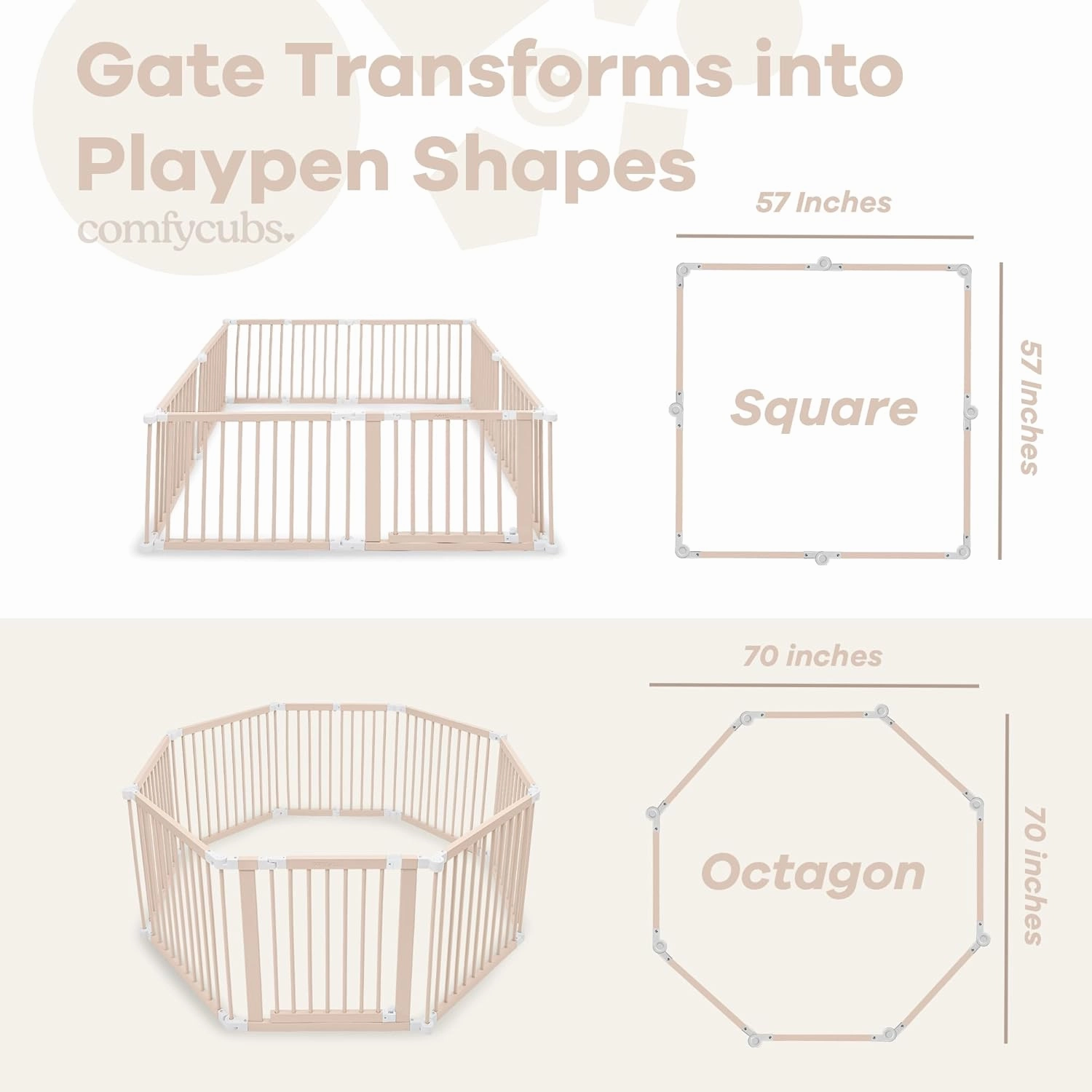 Comfy Cubs Baby Gate Playpen - 57 x 57 x 25 in, Extends Up to 228” - Pine Wood Foldable Playpen with Child-Proof Lock - Easy Assembly Baby Fence Play Area for Babies & Toddlers - Blush