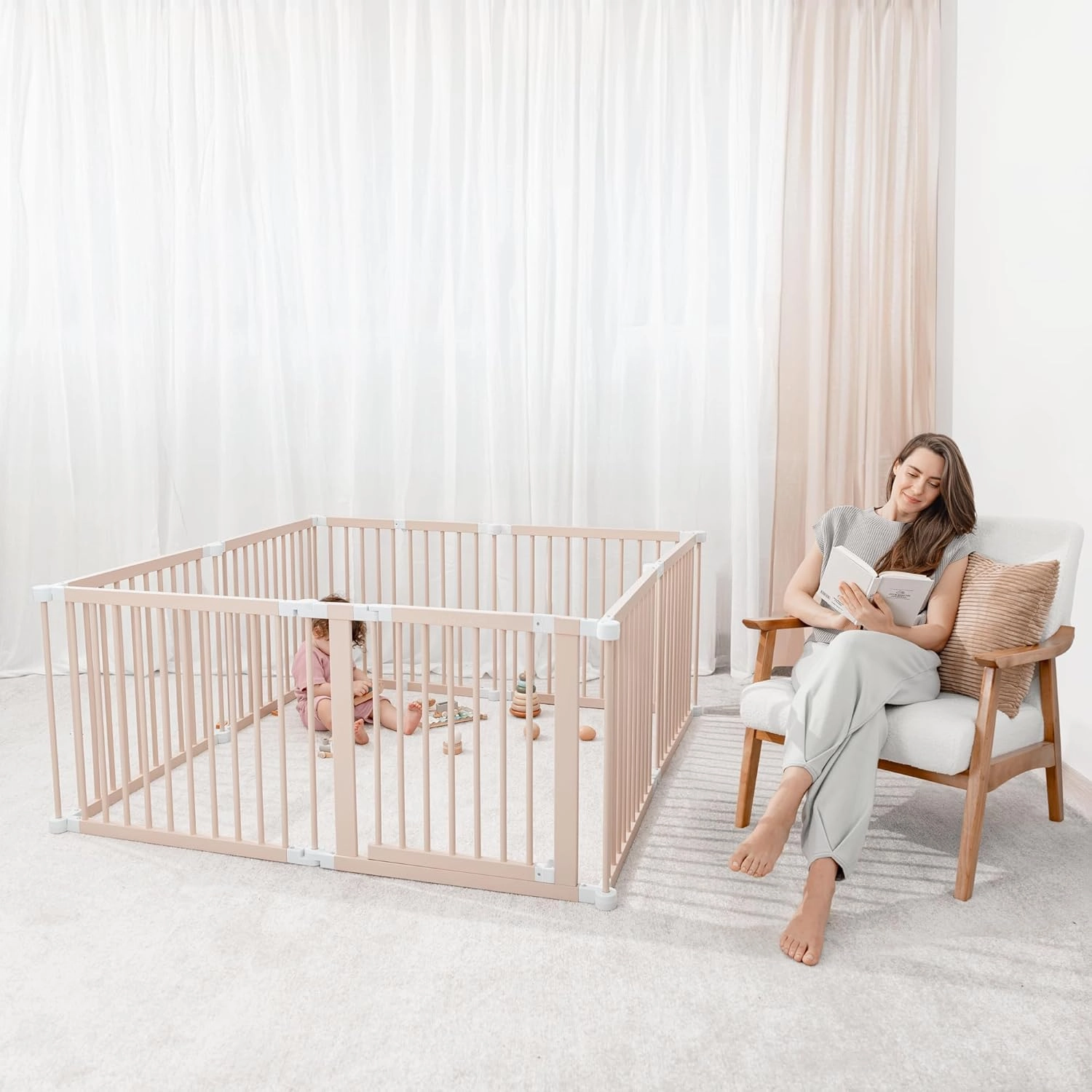 Comfy Cubs Baby Gate Playpen - 57 x 57 x 25 in, Extends Up to 228” - Pine Wood Foldable Playpen with Child-Proof Lock - Easy Assembly Baby Fence Play Area for Babies & Toddlers - Blush