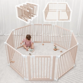 Comfy Cubs Baby Gate Playpen - 57 x 57 x 25 in, Extends Up to 228” - Pine Wood Foldable Playpen with Child-Proof Lock - Easy Assembly Baby Fence Play Area for Babies & Toddlers - Blush