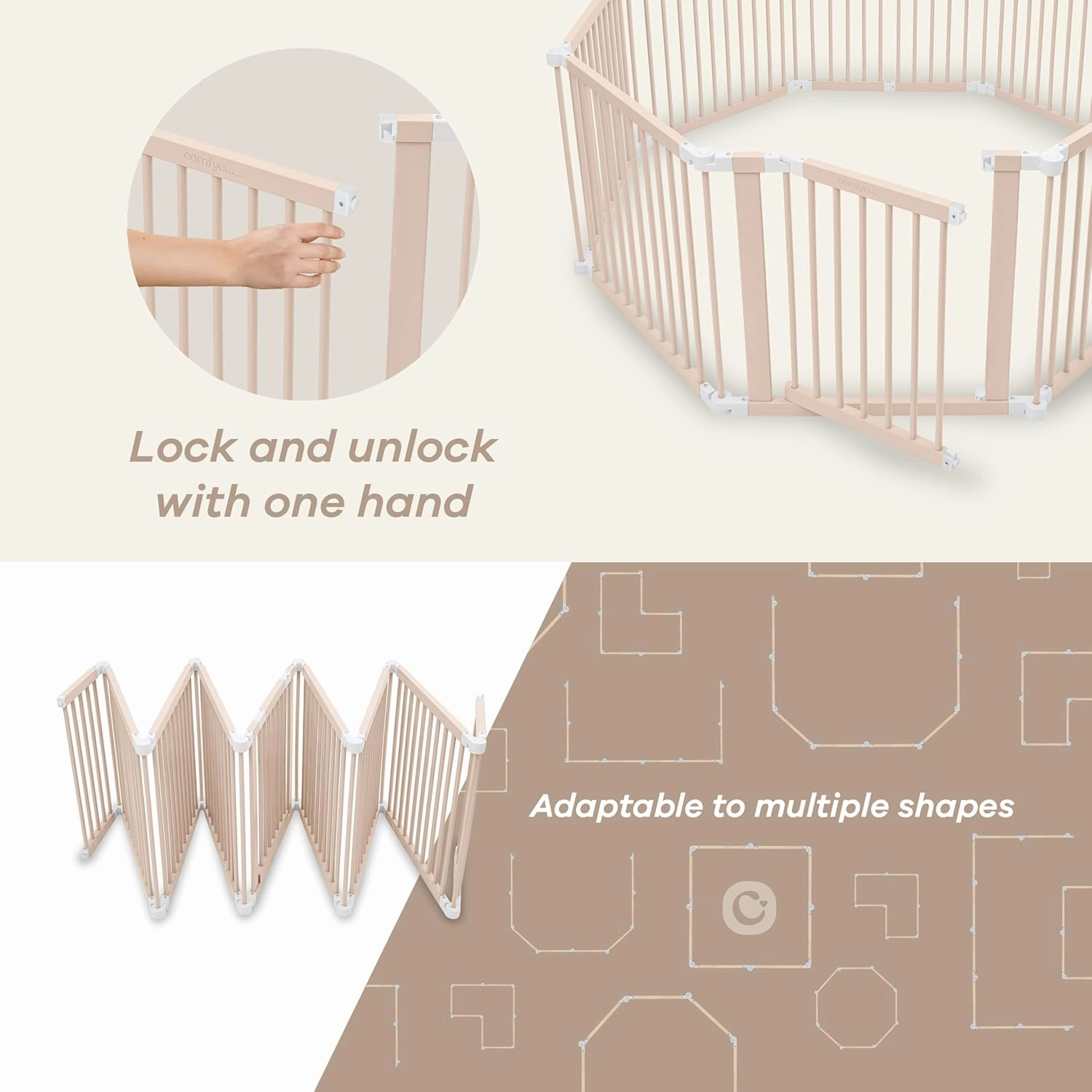 Comfy Cubs Baby Gate Playpen - 57 x 57 x 25 in, Extends Up to 228” - Pine Wood Foldable Playpen with Child-Proof Lock - Easy Assembly Baby Fence Play Area for Babies & Toddlers - Blush
