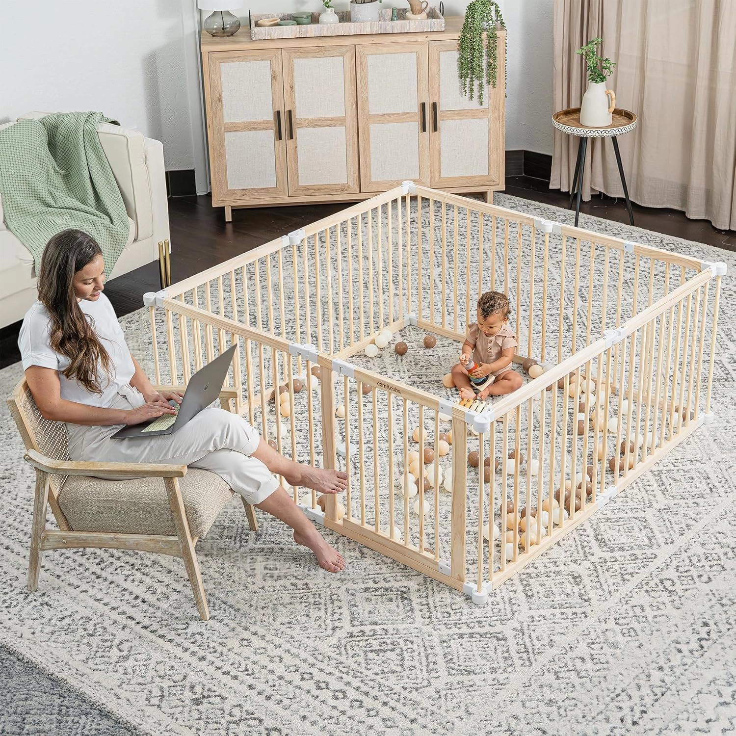 Comfy Cubs Baby Gate Playpen - 57 x 57 x 25 in, Extends Up to 228” - Pine Wood Foldable Playpen with Child-Proof Lock - Easy Assembly Baby Fence Play Area for Babies & Toddlers - Light Wood White