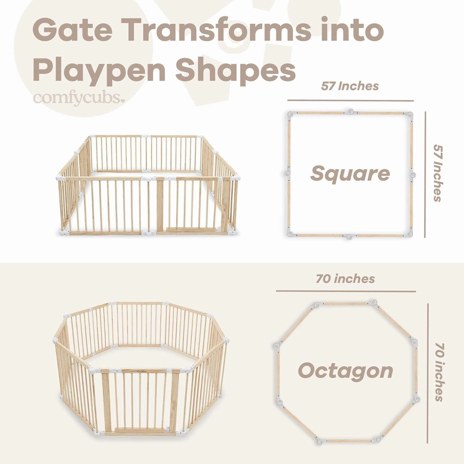 Comfy Cubs Baby Gate Playpen - 57 x 57 x 25 in, Extends Up to 228” - Pine Wood Foldable Playpen with Child-Proof Lock - Easy Assembly Baby Fence Play Area for Babies & Toddlers - Light Wood White