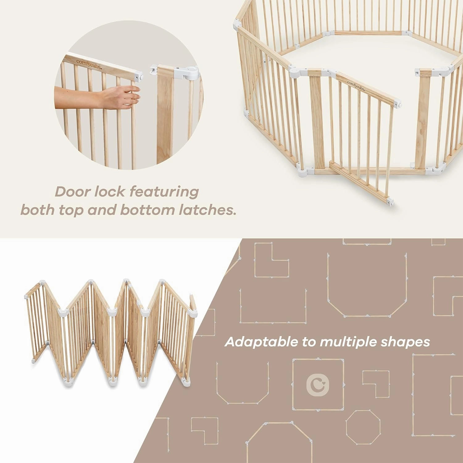 Comfy Cubs Baby Gate Playpen - 57 x 57 x 25 in, Extends Up to 228” - Pine Wood Foldable Playpen with Child-Proof Lock - Easy Assembly Baby Fence Play Area for Babies & Toddlers - Light Wood White