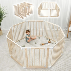 Comfy Cubs Baby Gate Playpen - 57 x 57 x 25 in, Extends Up to 228” - Pine Wood Foldable Playpen with Child-Proof Lock - Easy Assembly Baby Fence Play Area for Babies & Toddlers - Light Wood White