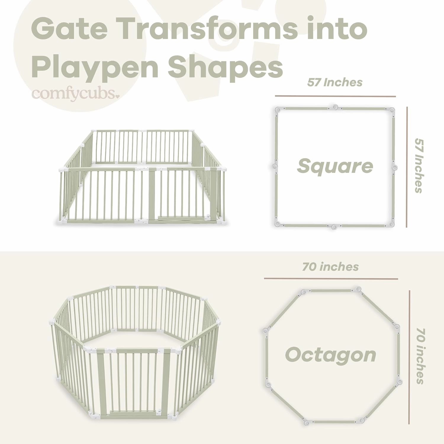 Comfy Cubs Baby Gate Playpen - 57 x 57 x 25 in, Extends Up to 228” - Pine Wood Foldable Playpen with Child-Proof Lock - Easy Assembly Baby Fence Play Area for Babies & Toddlers - Sage