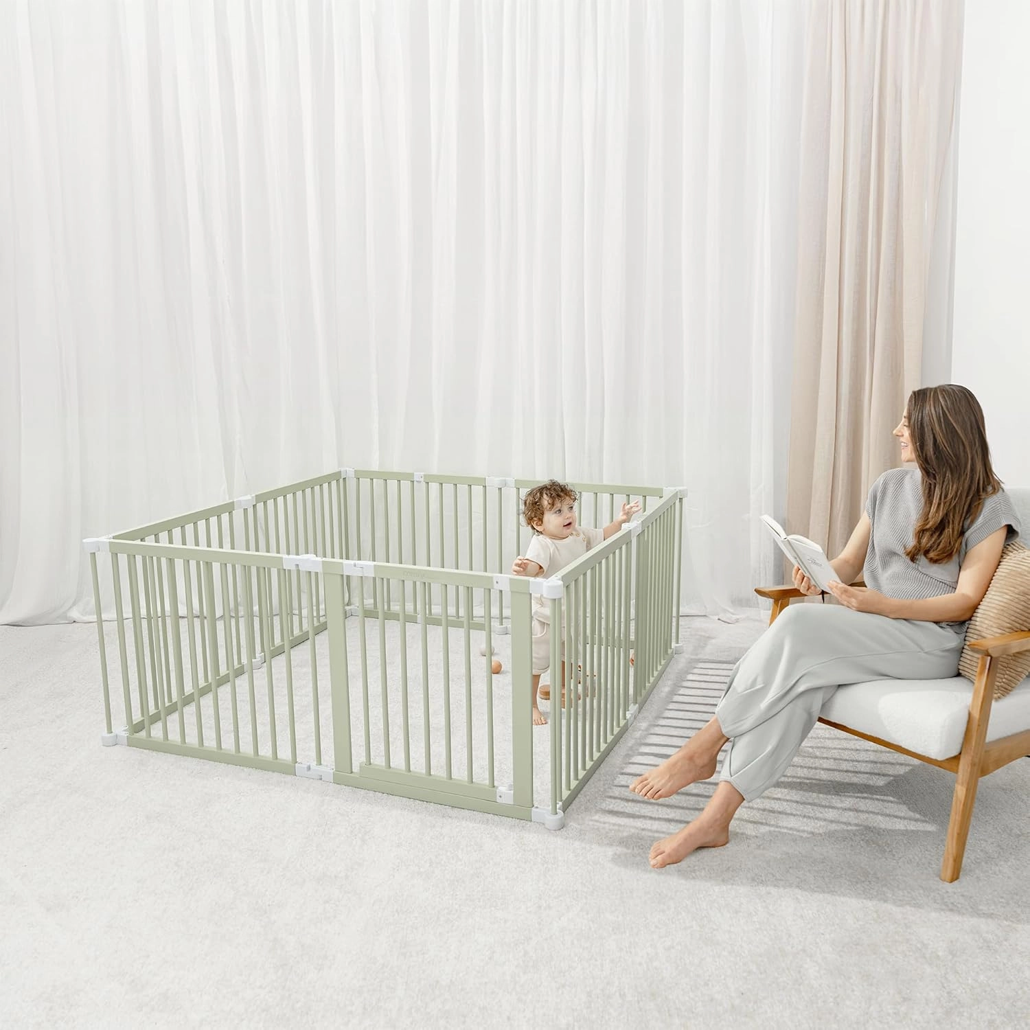 Comfy Cubs Baby Gate Playpen - 57 x 57 x 25 in, Extends Up to 228” - Pine Wood Foldable Playpen with Child-Proof Lock - Easy Assembly Baby Fence Play Area for Babies & Toddlers - Sage