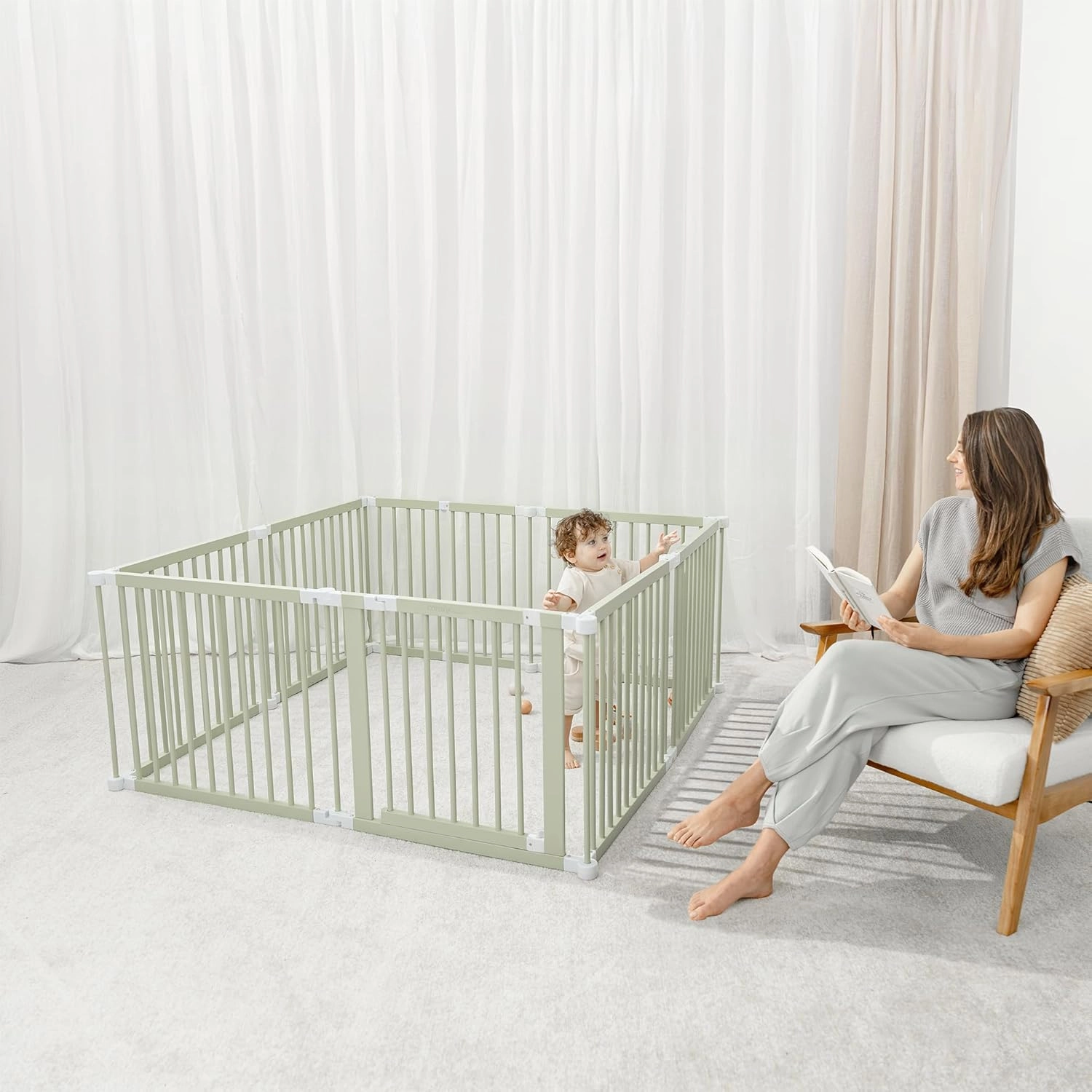 Comfy Cubs Baby Gate Playpen - 57 x 57 x 25 in, Extends Up to 228” - Pine Wood Foldable Playpen with Child-Proof Lock - Easy Assembly Baby Fence Play Area for Babies & Toddlers - Sage