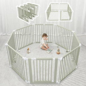 Comfy Cubs Baby Gate Playpen - 57 x 57 x 25 in, Extends Up to 228” - Pine Wood Foldable Playpen with Child-Proof Lock - Easy Assembly Baby Fence Play Area for Babies & Toddlers - Sage