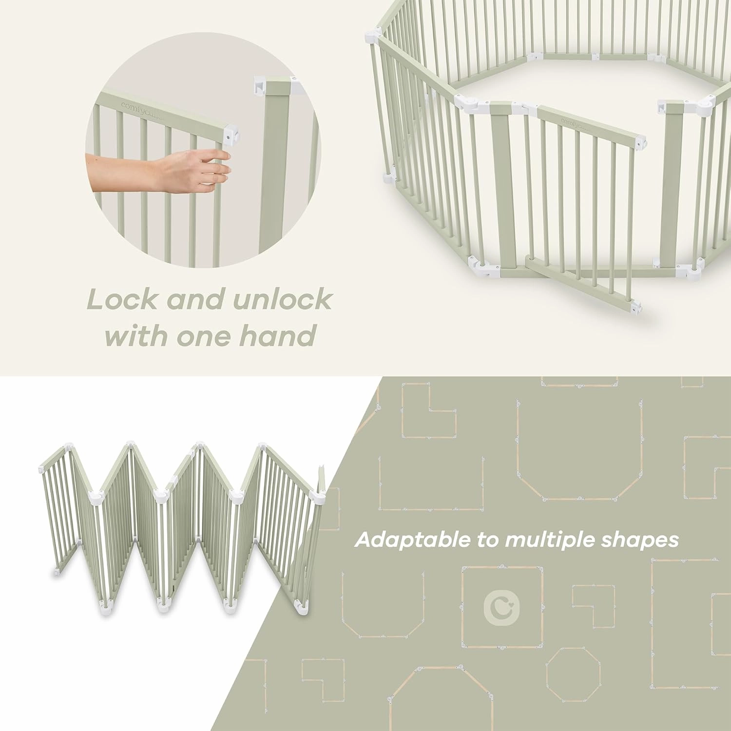 Comfy Cubs Baby Gate Playpen - 57 x 57 x 25 in, Extends Up to 228” - Pine Wood Foldable Playpen with Child-Proof Lock - Easy Assembly Baby Fence Play Area for Babies & Toddlers - Sage