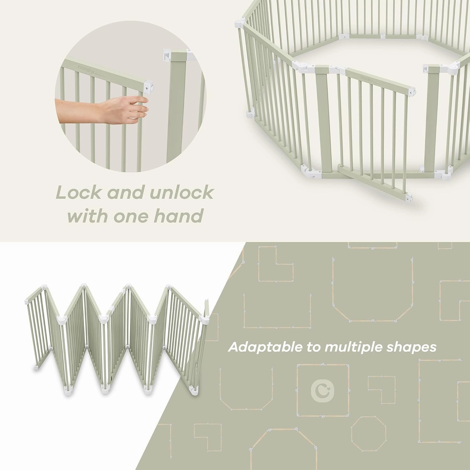 Comfy Cubs Baby Gate Playpen - 57 x 57 x 25 in, Extends Up to 228” - Pine Wood Foldable Playpen with Child-Proof Lock - Easy Assembly Baby Fence Play Area for Babies & Toddlers - Sage