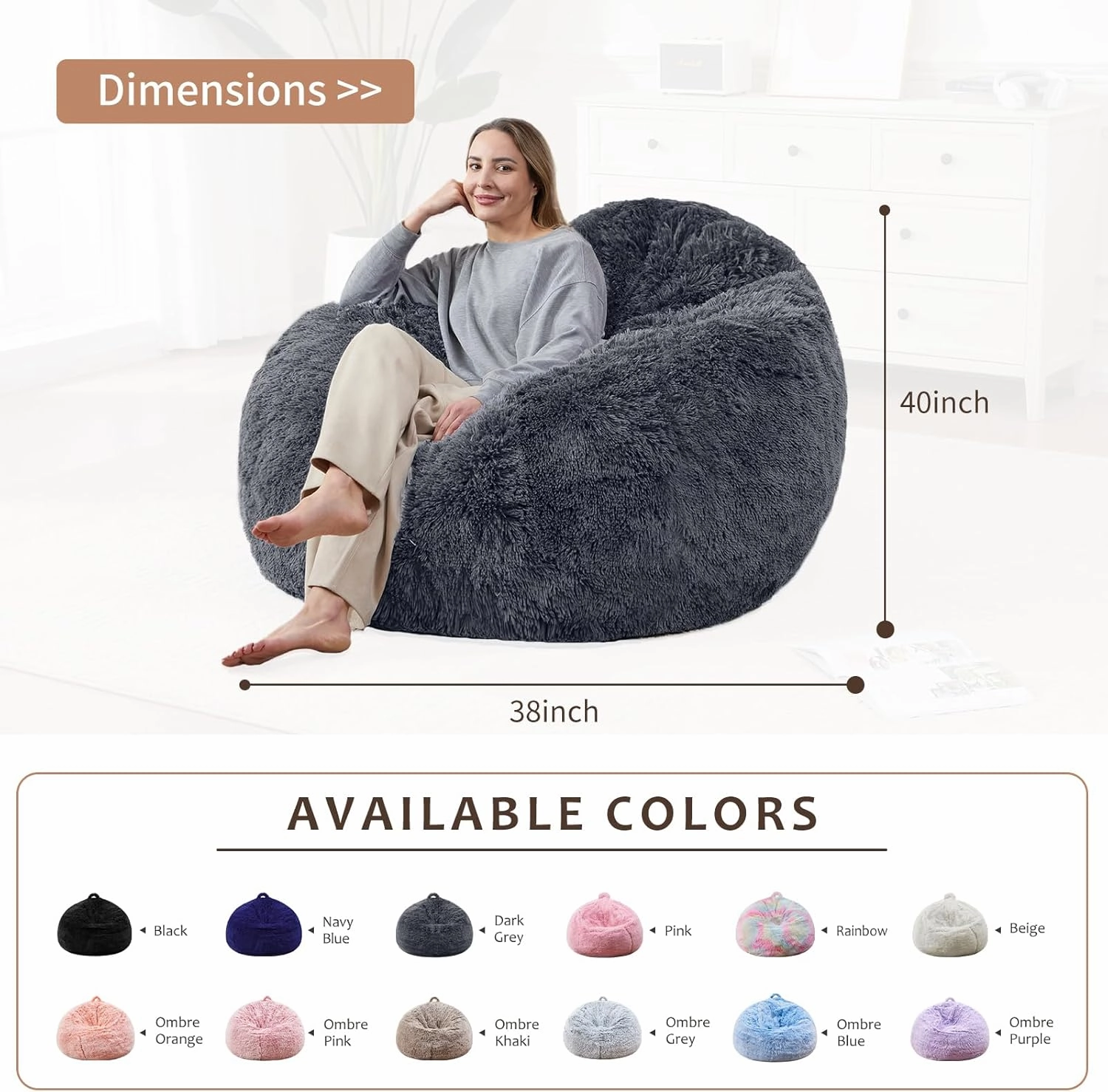 Comfy Soft Bean Bag Chair Cover for Teens Adults Boys, Living Room Furniture No Filler Cover Only, Stuffed Animal Bean Bag Chair with Side Pocket Anti-Slip Bottom
