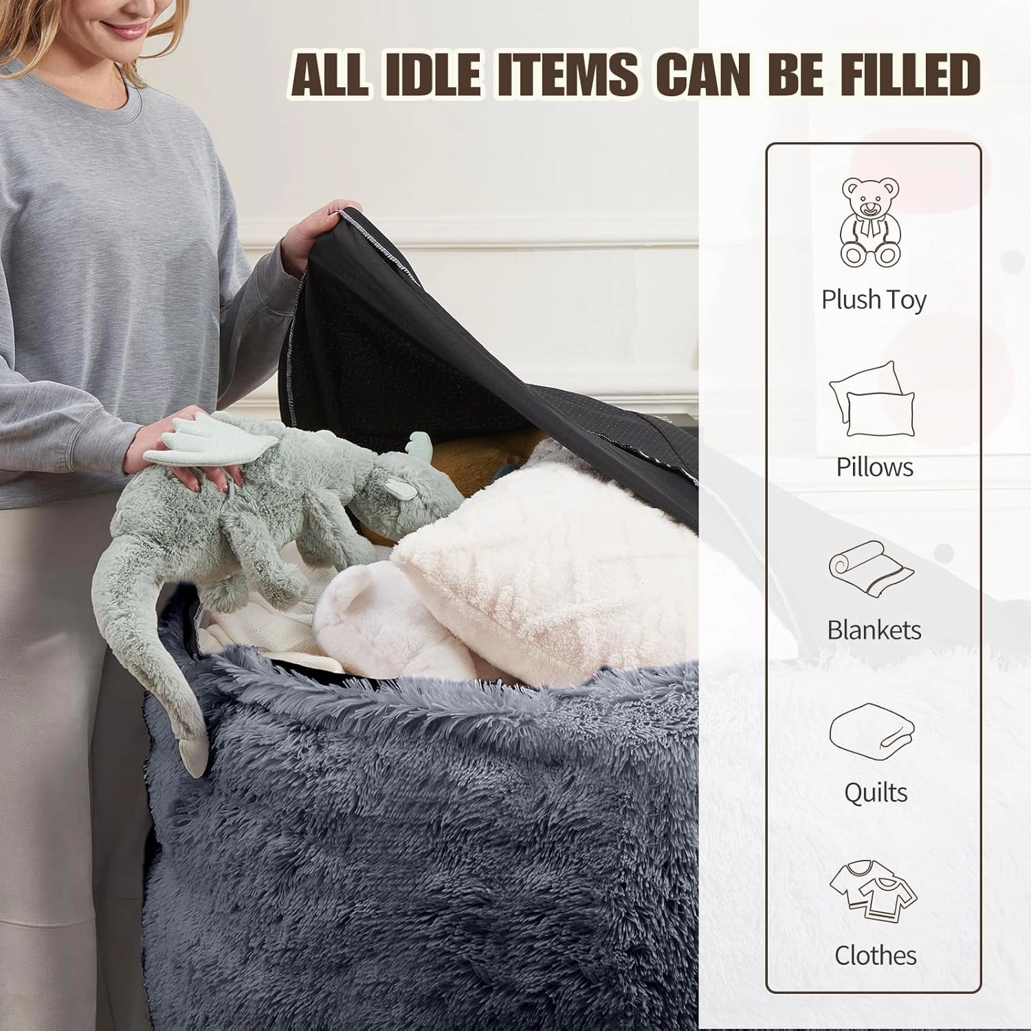 Comfy Soft Bean Bag Chair Cover for Teens Adults Boys, Living Room Furniture No Filler Cover Only, Stuffed Animal Bean Bag Chair with Side Pocket Anti-Slip Bottom