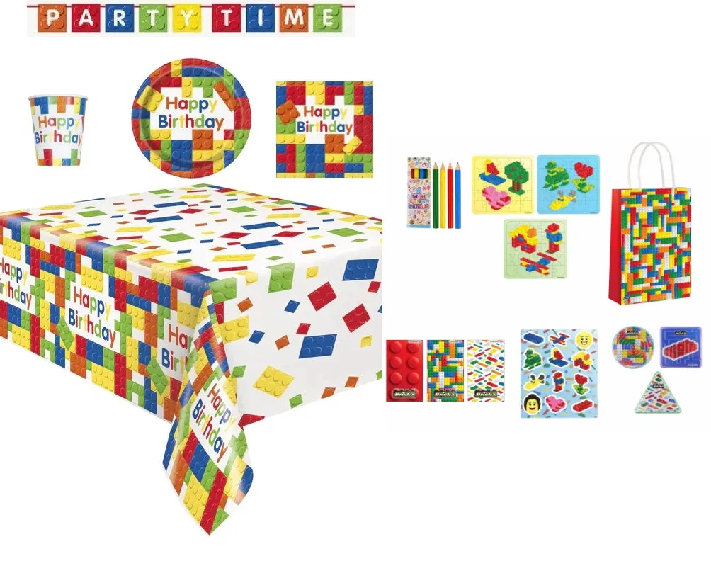 Complete Bricks Themed Party Pack for 8 people Including Tableware and Favours