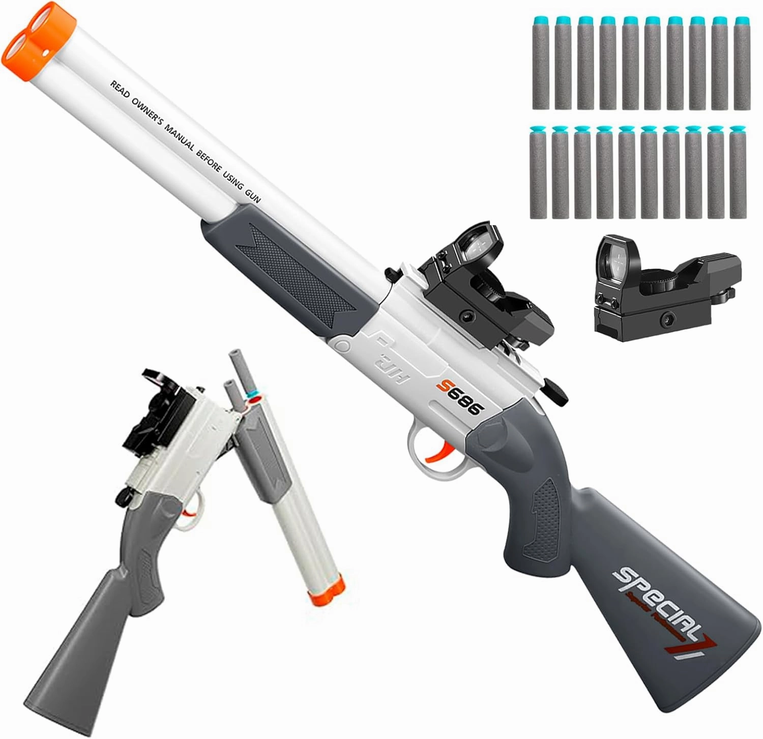 Cool Toy Shotgun Look Real Double barreled Toy Gun with Sight Soft Bullet Realistic Foan Blasters Guns Fake Shooting Game for Ages 8-12 Years Old.