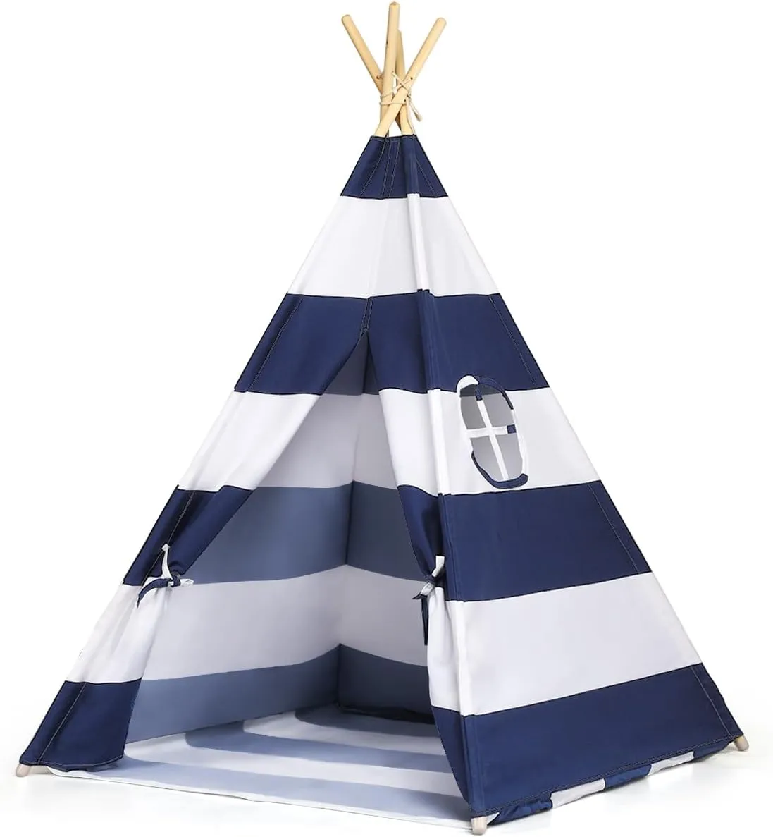 Costzon Kid Teepee Tent, Classic Indian Tent, 5" Cotton Canvas Baby Children Play House with Carry Bag, Walls, Door, Window and Floor, Play Tent for Toddlers Boys and Girls (Blue & White Stripe)