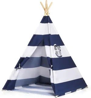 Costzon Kid Teepee Tent, Classic Indian Tent, 5" Cotton Canvas Baby Children Play House with Carry Bag, Walls, Door, Window and Floor, Play Tent for Toddlers Boys and Girls (Blue & White Stripe)