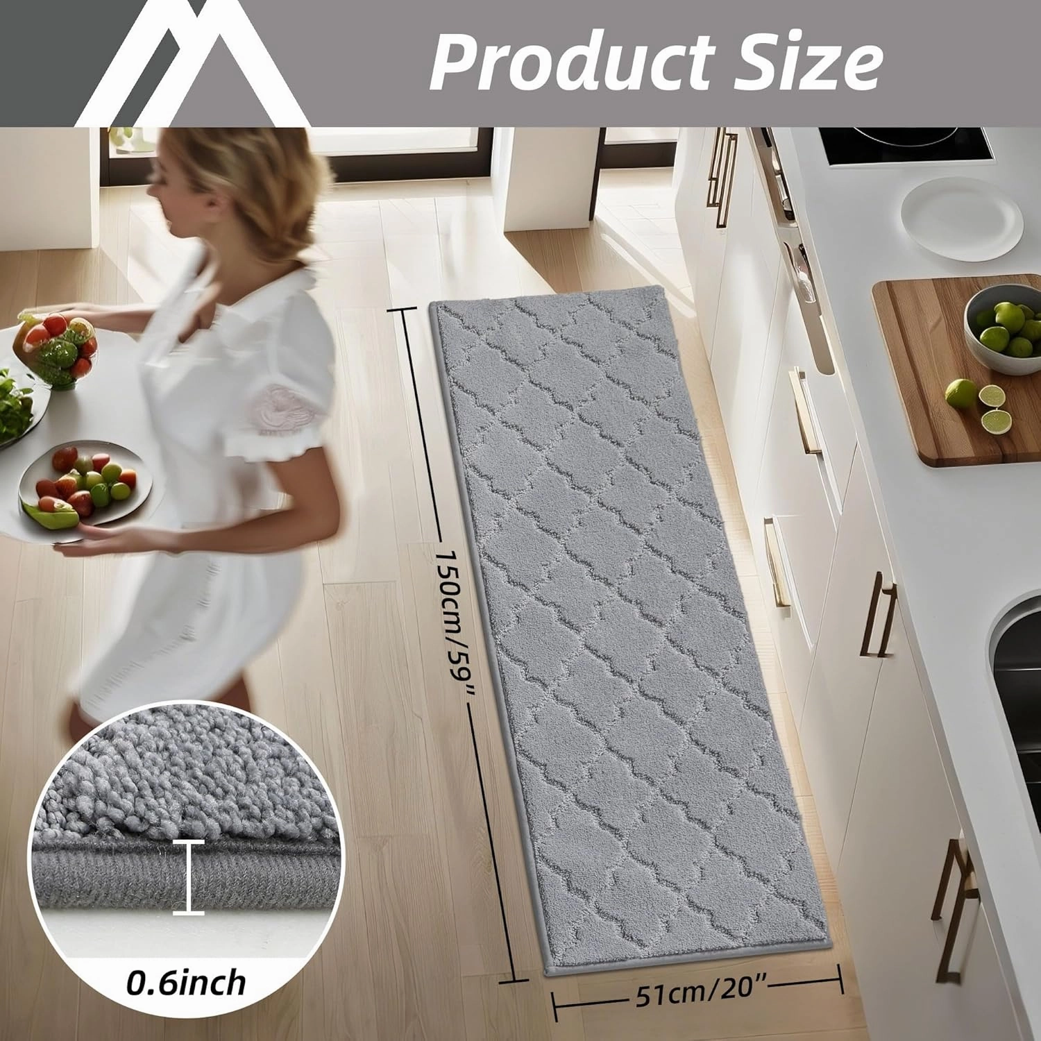 COSY HOMEER Soft Kitchen Floor Mats for in Front of Sink Super Absorbent Rugs and 20"x59" Non-Skid Mat Standing Washable,Polyester,Grey