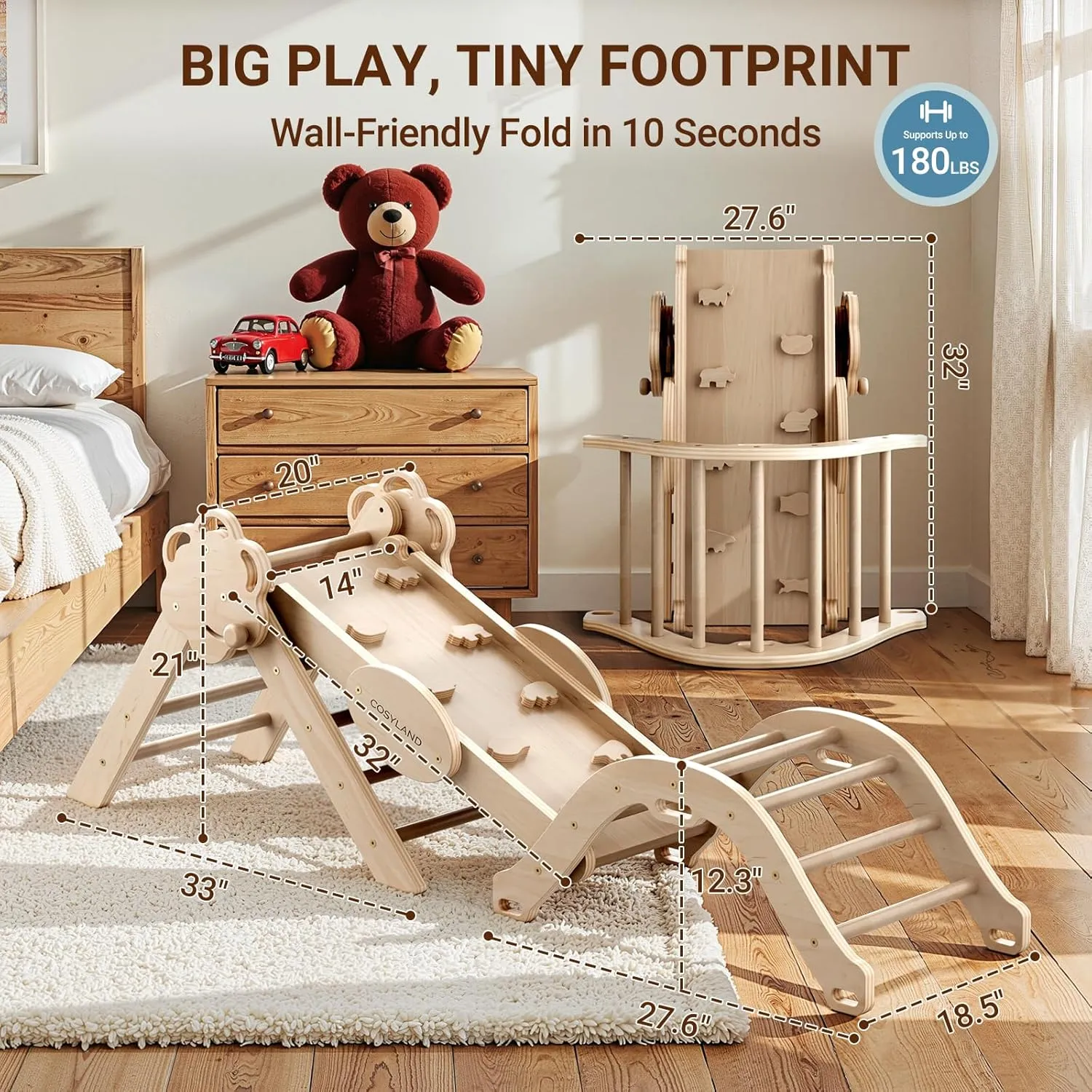 COSYLAND Pikler Triangle Set - 8 in 1 Montessori Climbing Toys for Toddlers 18M-3Y, Foldable Wooden Indoor Jungle Gym & Playground with Train Toy & Gift Box, Anti-Tip Design, ASTM Certified, Natural