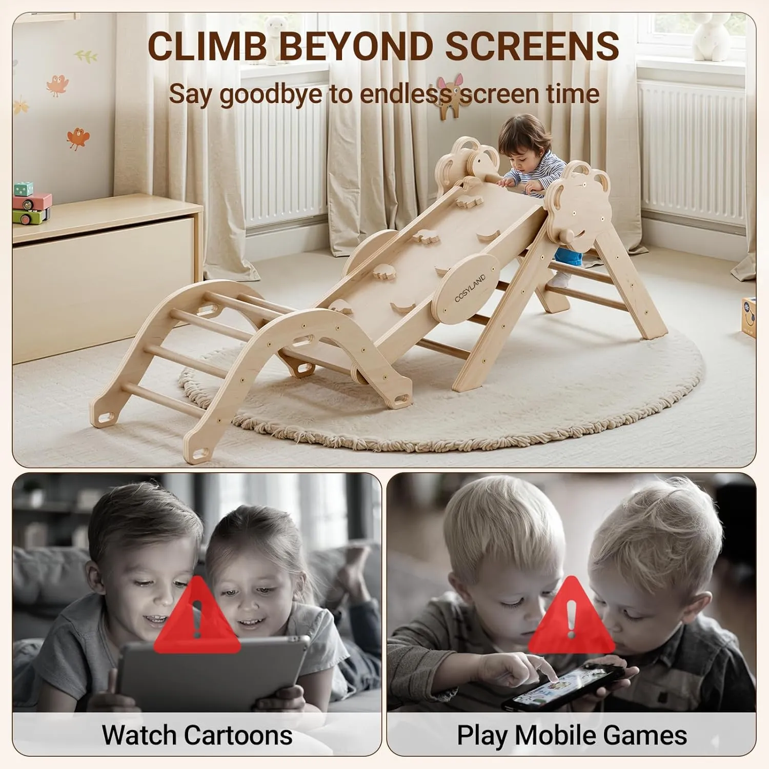 COSYLAND Pikler Triangle Set - 8 in 1 Montessori Climbing Toys for Toddlers 18M-3Y, Foldable Wooden Indoor Jungle Gym & Playground with Train Toy & Gift Box, Anti-Tip Design, ASTM Certified, Natural