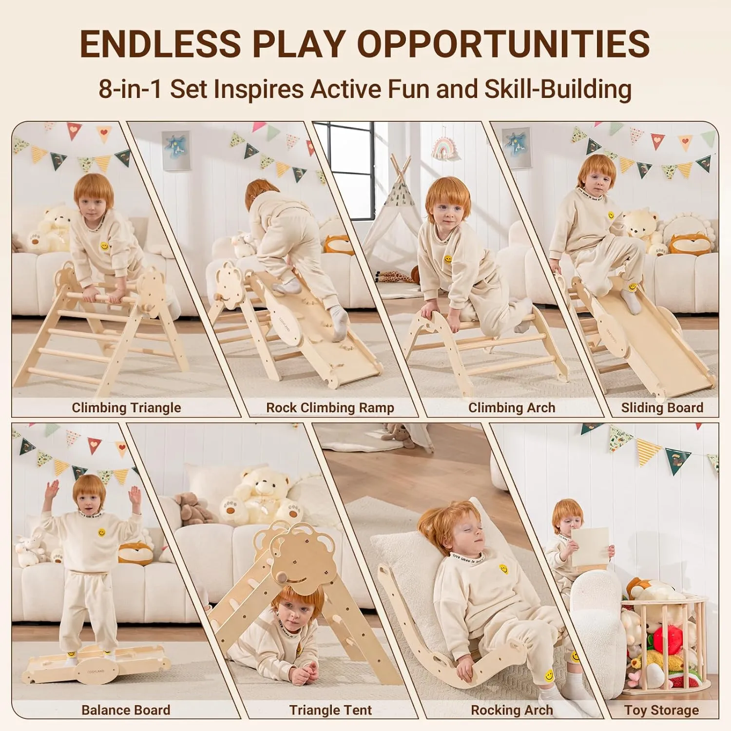 COSYLAND Pikler Triangle Set - 8 in 1 Montessori Climbing Toys for Toddlers 18M-3Y, Foldable Wooden Indoor Jungle Gym & Playground with Train Toy & Gift Box, Anti-Tip Design, ASTM Certified, Natural