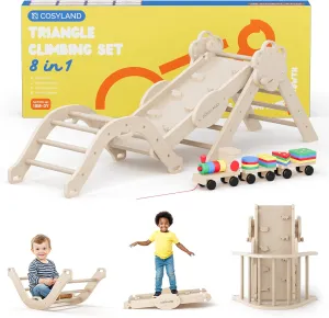 COSYLAND Pikler Triangle Set - 8 in 1 Montessori Climbing Toys for Toddlers 18M-3Y, Foldable Wooden Indoor Jungle Gym & Playground with Train Toy & Gift Box, Anti-Tip Design, ASTM Certified, Natural