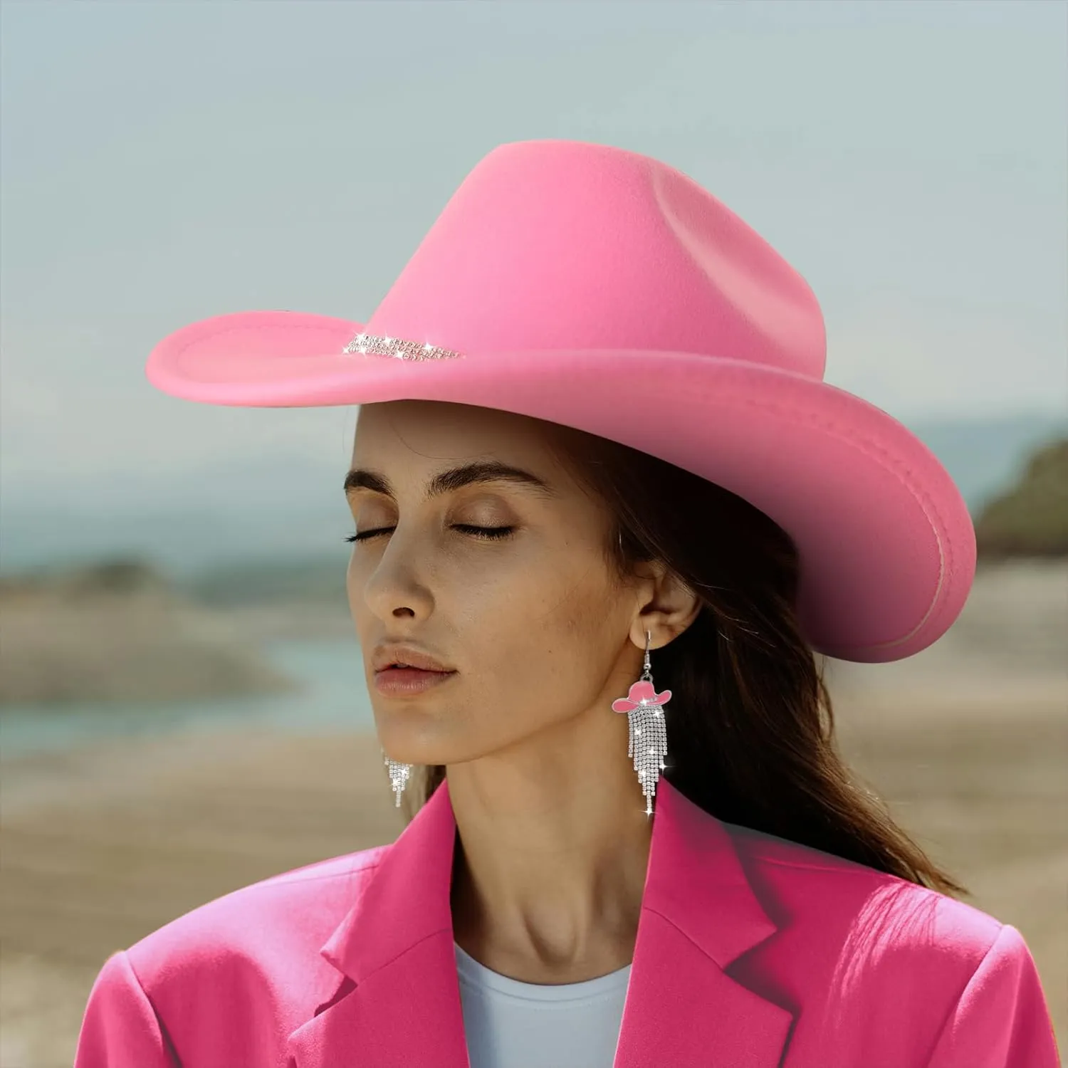 Cowboy Hat Rhinestone Cowgirl Boots Earrings Set Western Earring Felt Fedora Jazz Hat Rodeo Outfit for Women Size M