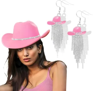 Cowboy Hat Rhinestone Cowgirl Boots Earrings Set Western Earring Felt Fedora Jazz Hat Rodeo Outfit for Women Size M