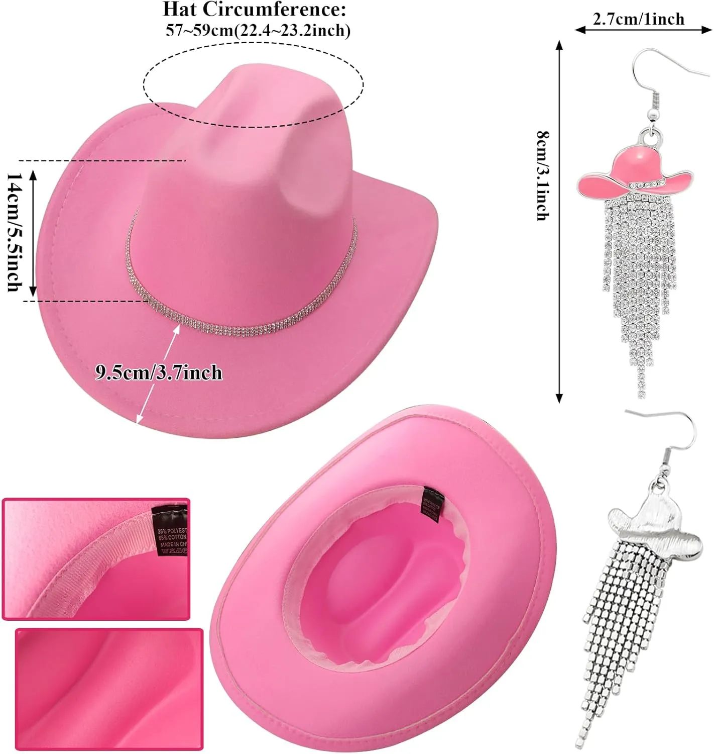 Cowboy Hat Rhinestone Cowgirl Boots Earrings Set Western Earring Felt Fedora Jazz Hat Rodeo Outfit for Women Size M