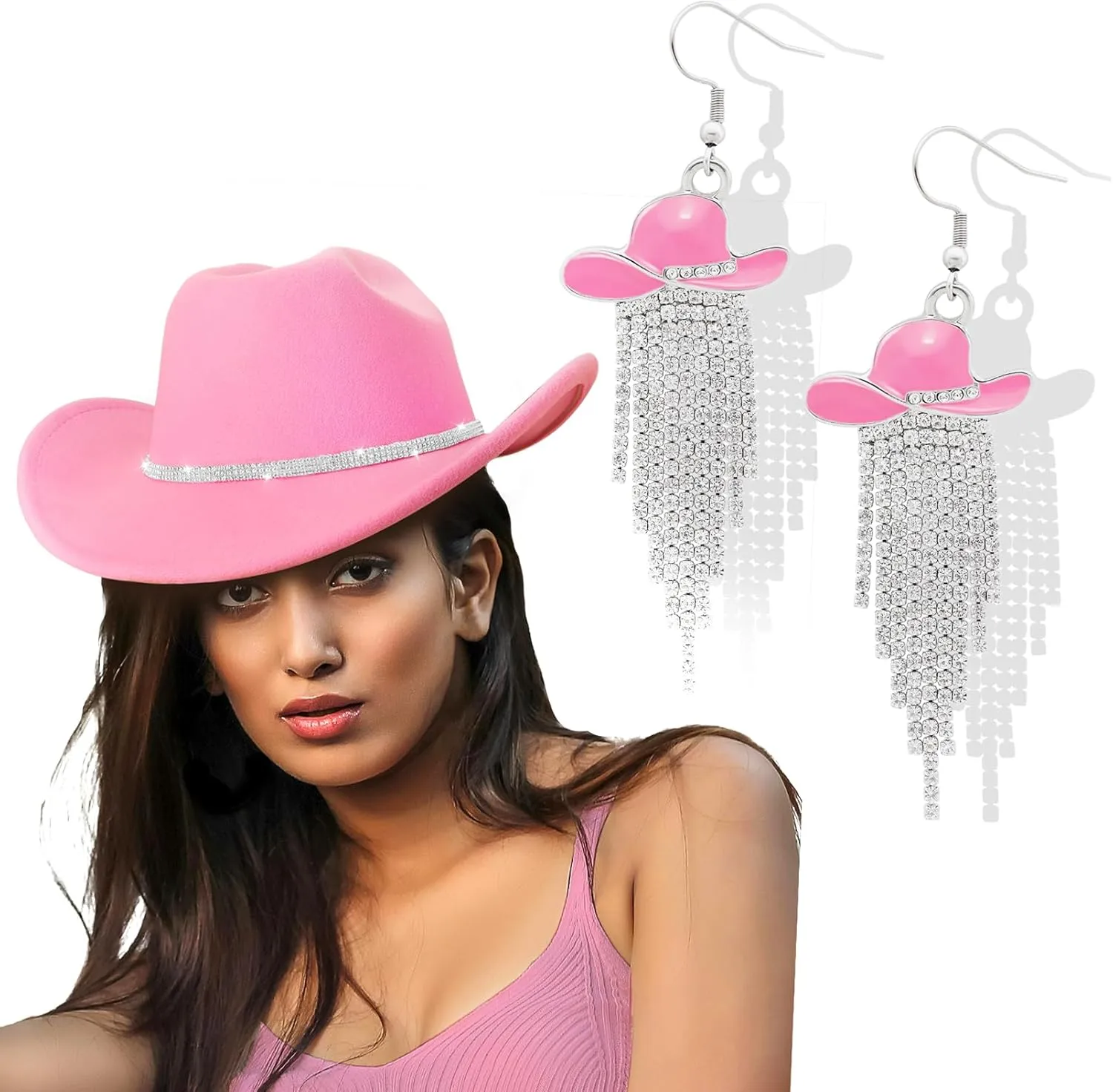 Cowboy Hat Rhinestone Cowgirl Boots Earrings Set Western Earring Felt Fedora Jazz Hat Rodeo Outfit for Women Size M