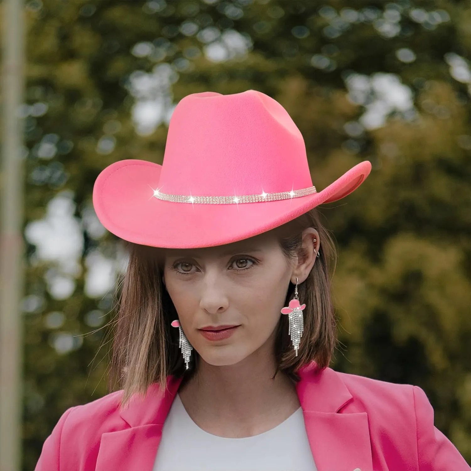 Cowboy Hat Rhinestone Cowgirl Boots Earrings Set Western Earring Felt Fedora Jazz Hat Rodeo Outfit for Women Size M