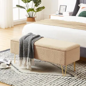 Cozy Castle 43.3" Storage Bench for Bedroom, End of Bed Storage Bench for Entryway, Living Room, Bedroom, Gold Finished Pin Legs, Camel