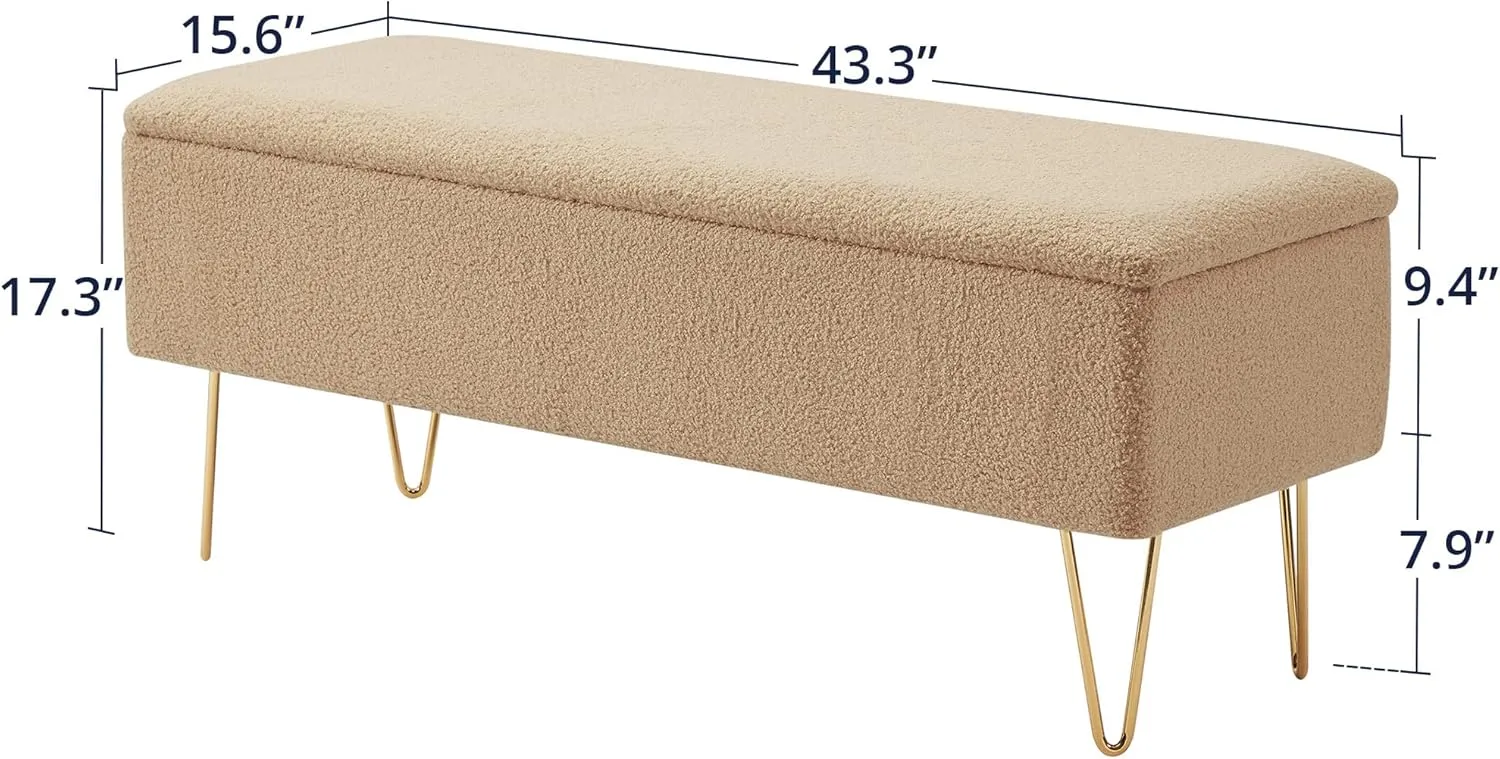 Cozy Castle 43.3" Storage Bench for Bedroom, End of Bed Storage Bench for Entryway, Living Room, Bedroom, Gold Finished Pin Legs, Camel