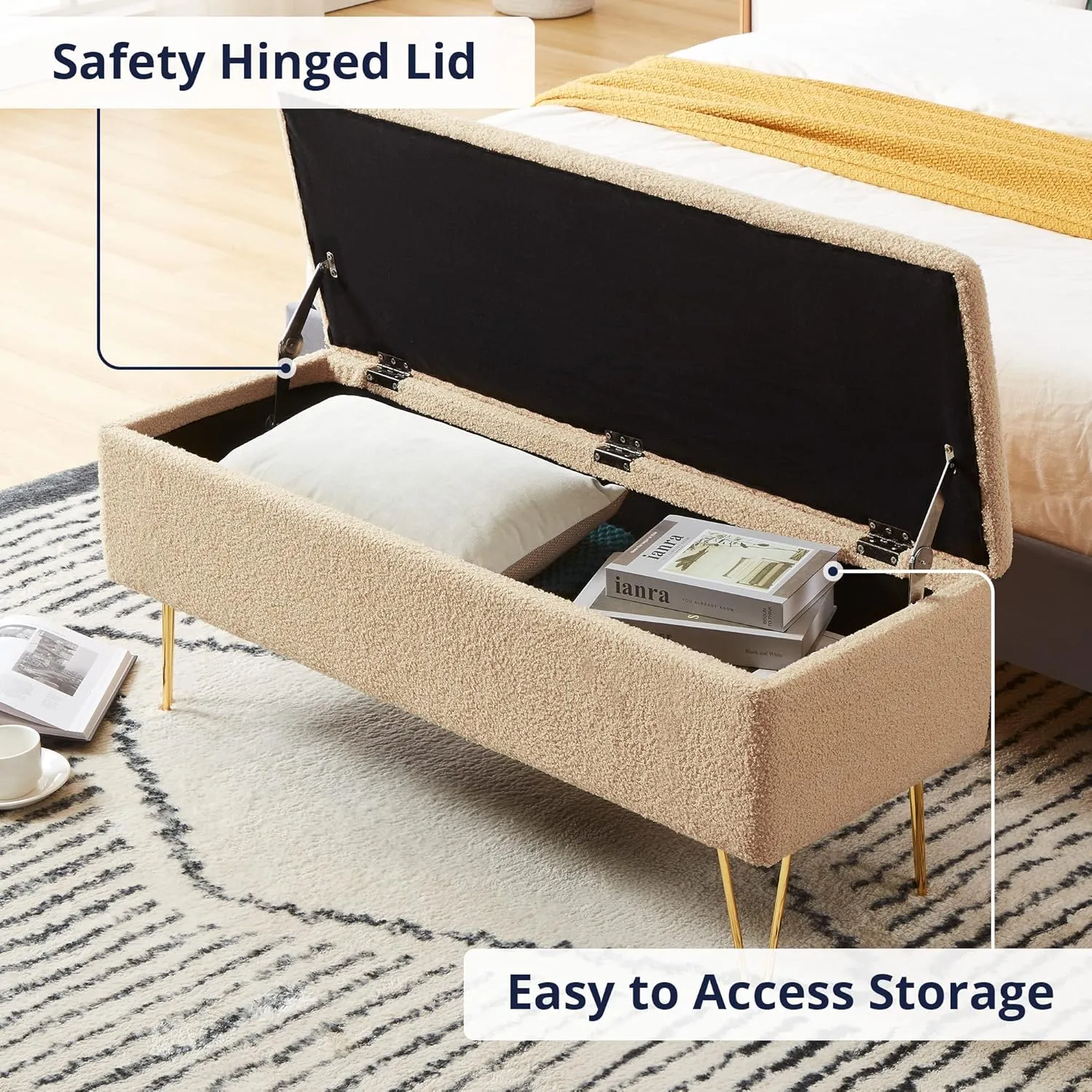 Cozy Castle 43.3" Storage Bench for Bedroom, End of Bed Storage Bench for Entryway, Living Room, Bedroom, Gold Finished Pin Legs, Camel