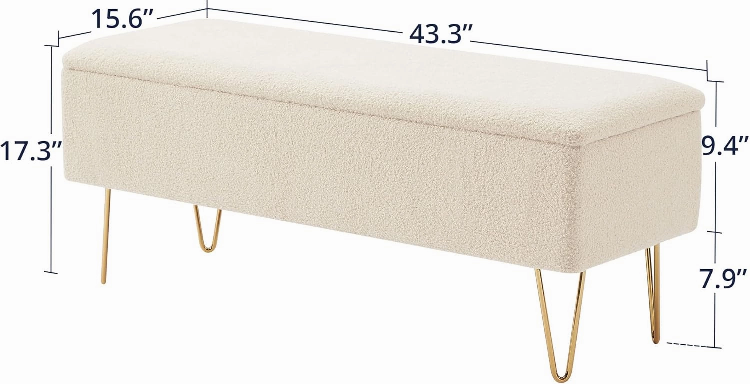 Cozy Castle 43.3" Storage Bench for Bedroom, End of Bed Storage Bench for Entryway, Living Room, Bedroom, Gold Finished Pin Legs, White