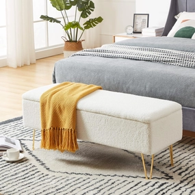 Cozy Castle 43.3" Storage Bench for Bedroom, End of Bed Storage Bench for Entryway, Living Room, Bedroom, Gold Finished Pin Legs, White