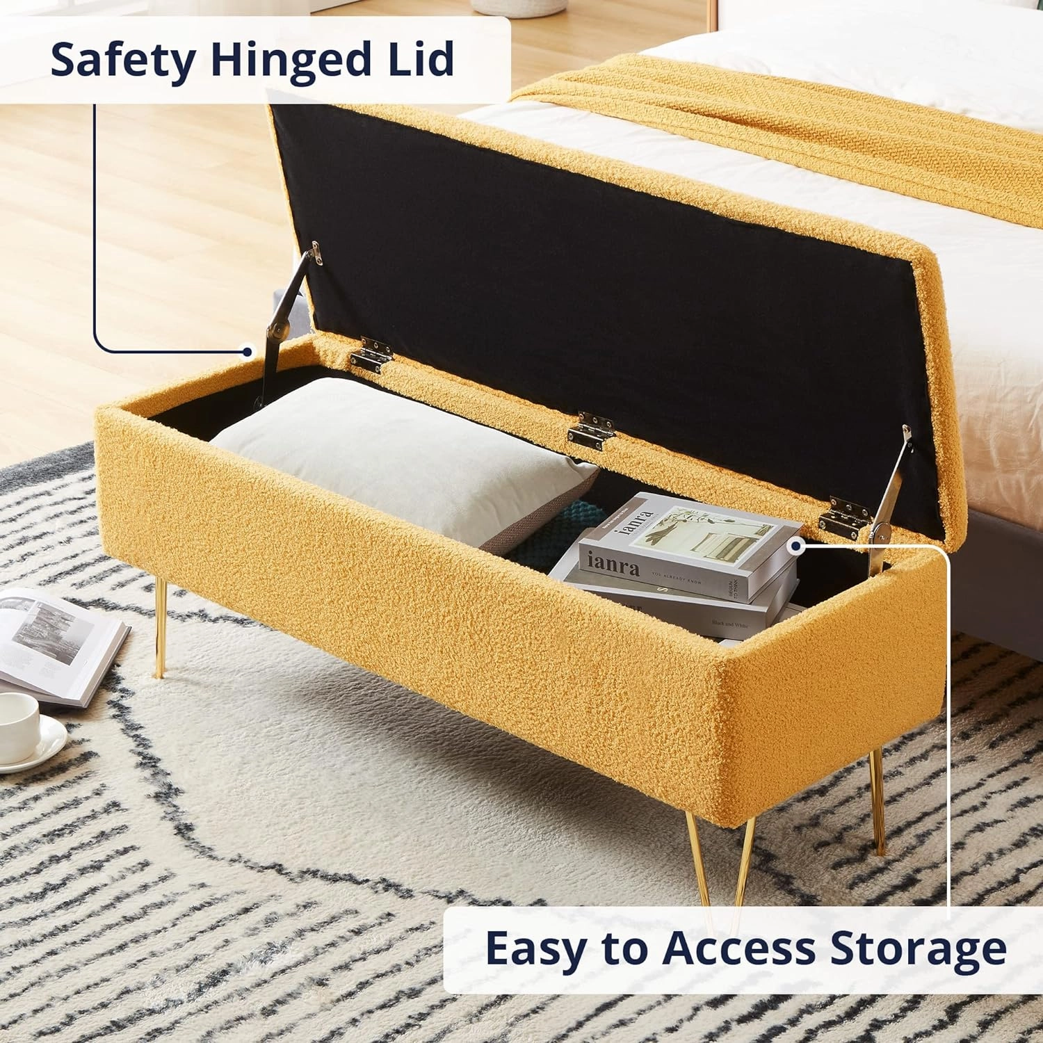 Cozy Castle 43.3" Storage Bench for Bedroom, End of Bed Storage Bench for Entryway, Living Room, Bedroom, Gold Finished Pin Legs, Yellow