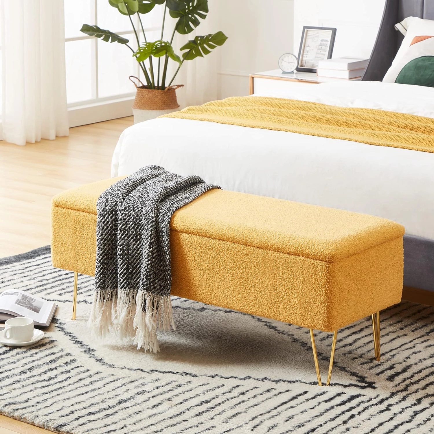 Cozy Castle 43.3" Storage Bench for Bedroom, End of Bed Storage Bench for Entryway, Living Room, Bedroom, Gold Finished Pin Legs, Yellow